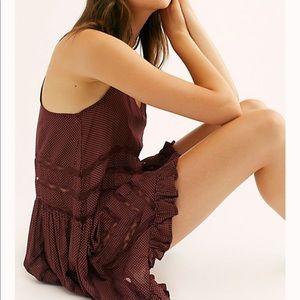 Free People Red Voile and Black Lace Trapeze Slip